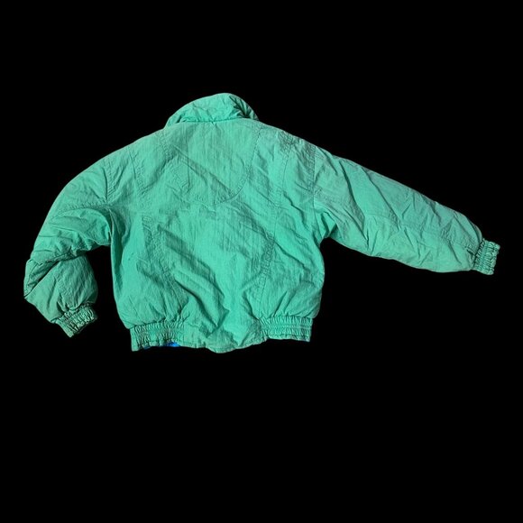 Vintage Green Puffer Coat Jacket Womens Medium 1990s Mixed Blues Nylon Down - Picture 3 of 7